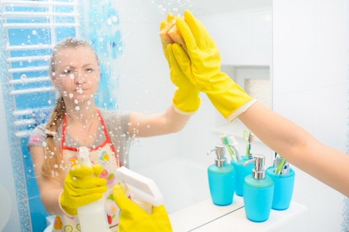 Professional cleaner maintaining a shared office workspace in Elephant and Castle